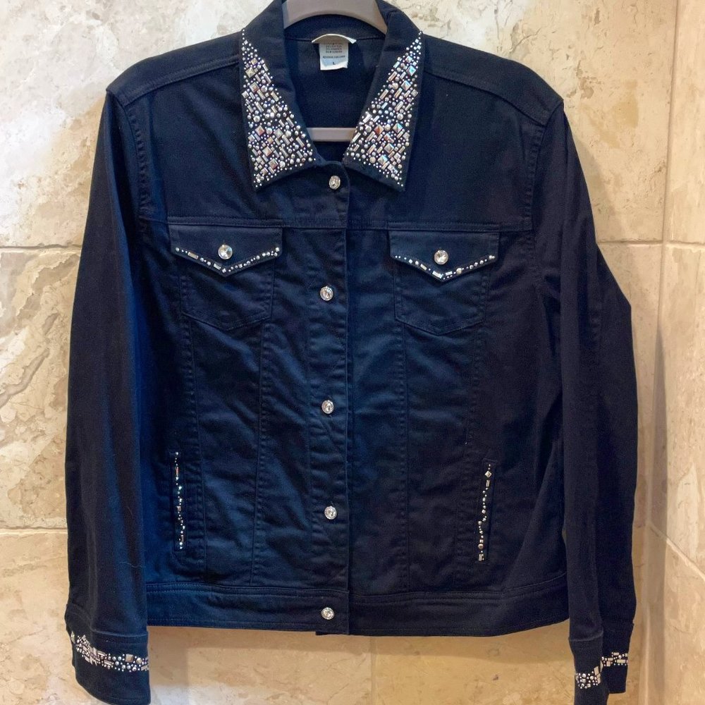 Stretch Denim Jacket with Silver Crystal Designs